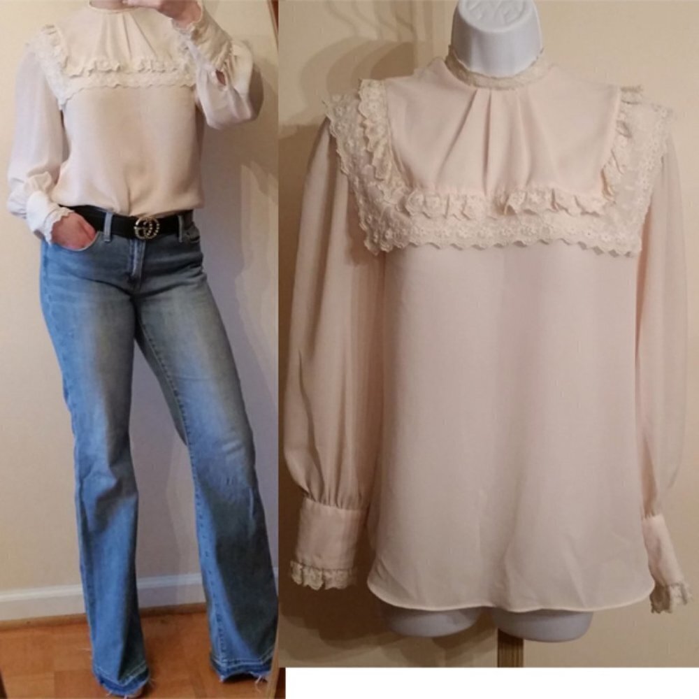 Vintage 60-70s cream romantic goth dress up layer dressy lace blouse s/m.